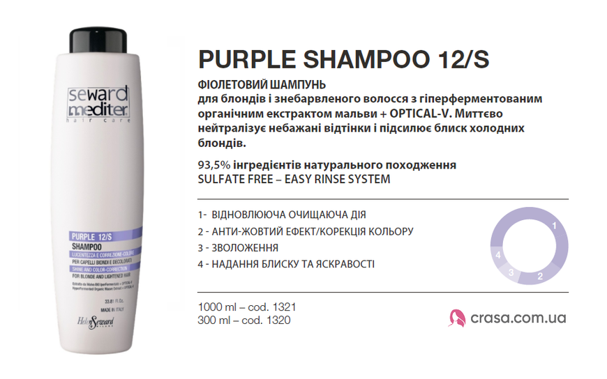 Фіолетовий шампунь для блонду від жовтизни Helen Seward Purple Shampoo 12/S (1000 мл.) 1321 фото